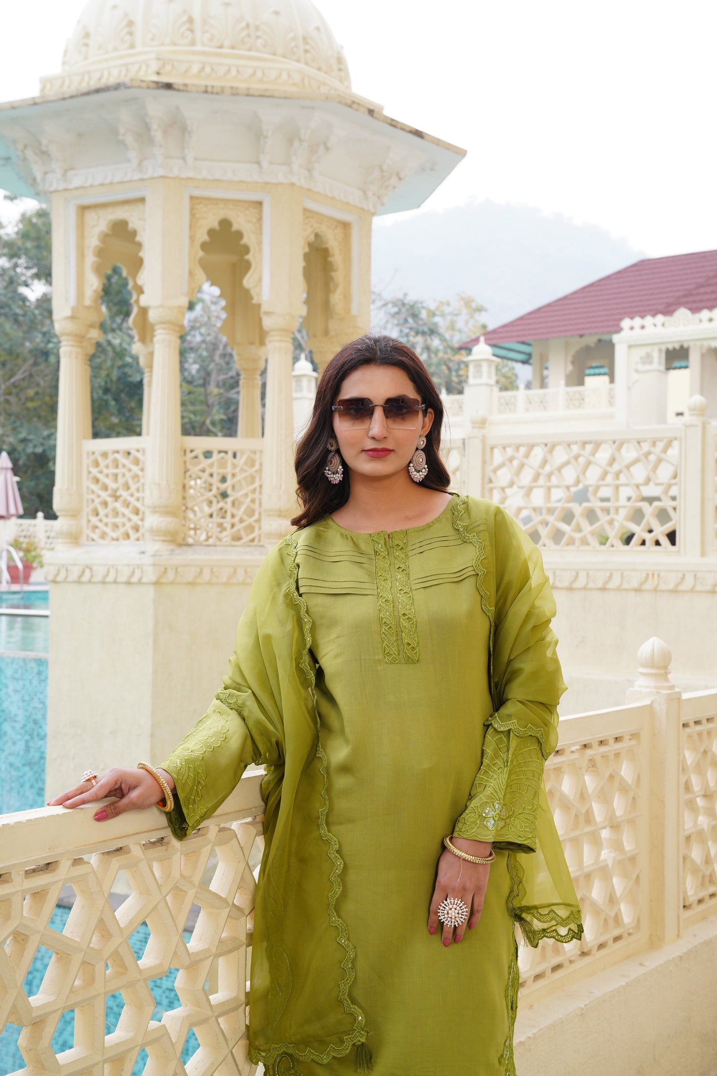 Light Green Ragga Roman Silk Slub Khatli Cut work Suit Set with Organza Dupatta