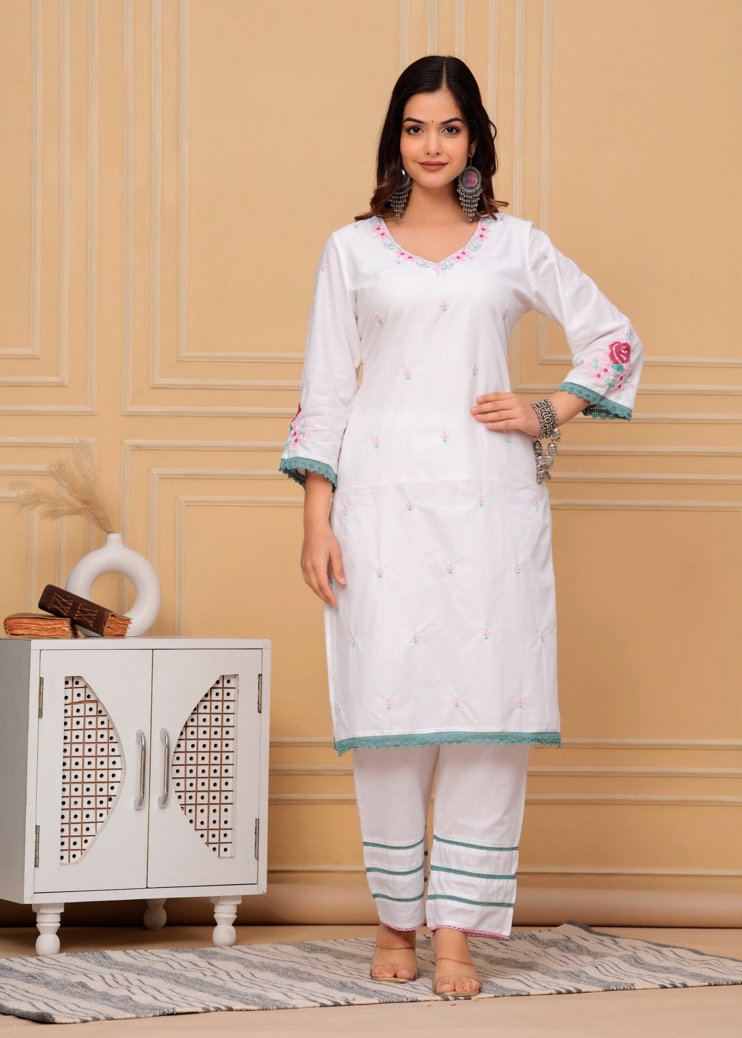 Embroidered White Cotton Kurta and Pant Set with Dupatta