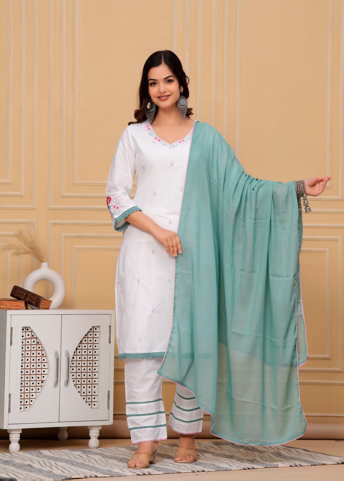 Embroidered White Cotton Kurta and Pant Set with Dupatta