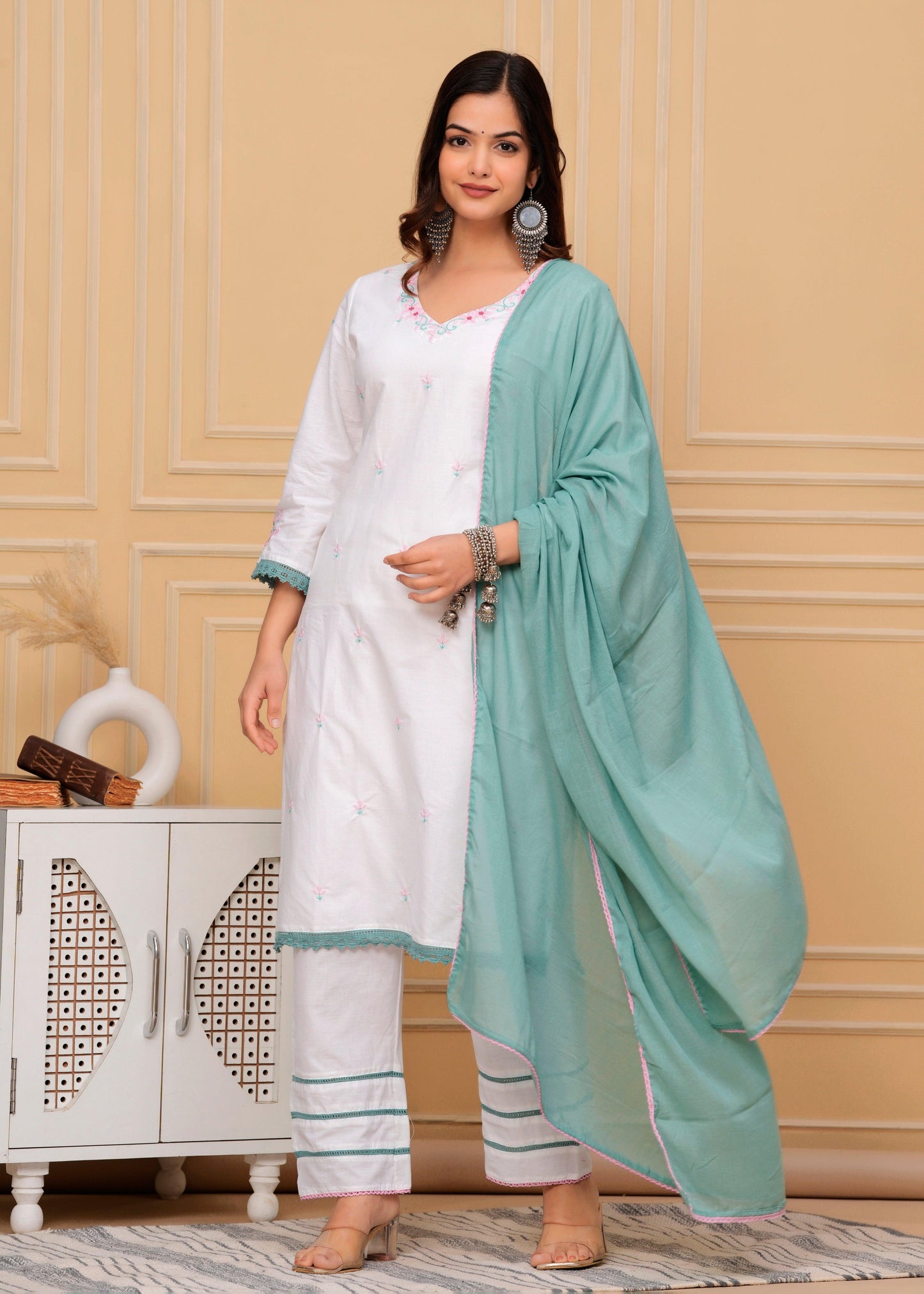 Embroidered White Cotton Kurta and Pant Set with Dupatta