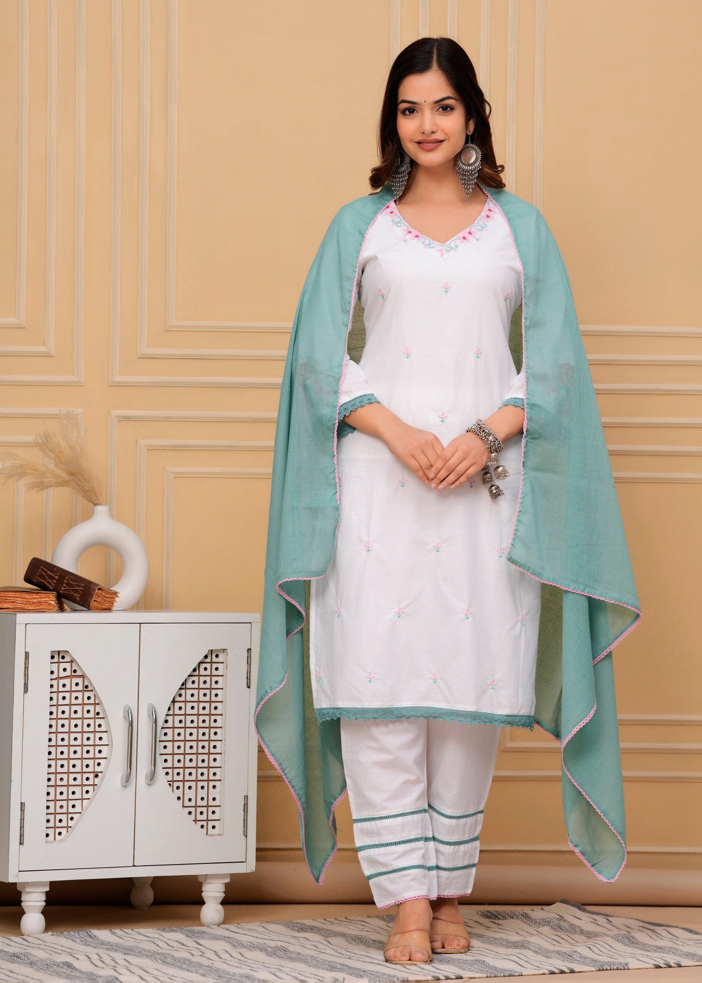 Embroidered White Cotton Kurta and Pant Set with Dupatta