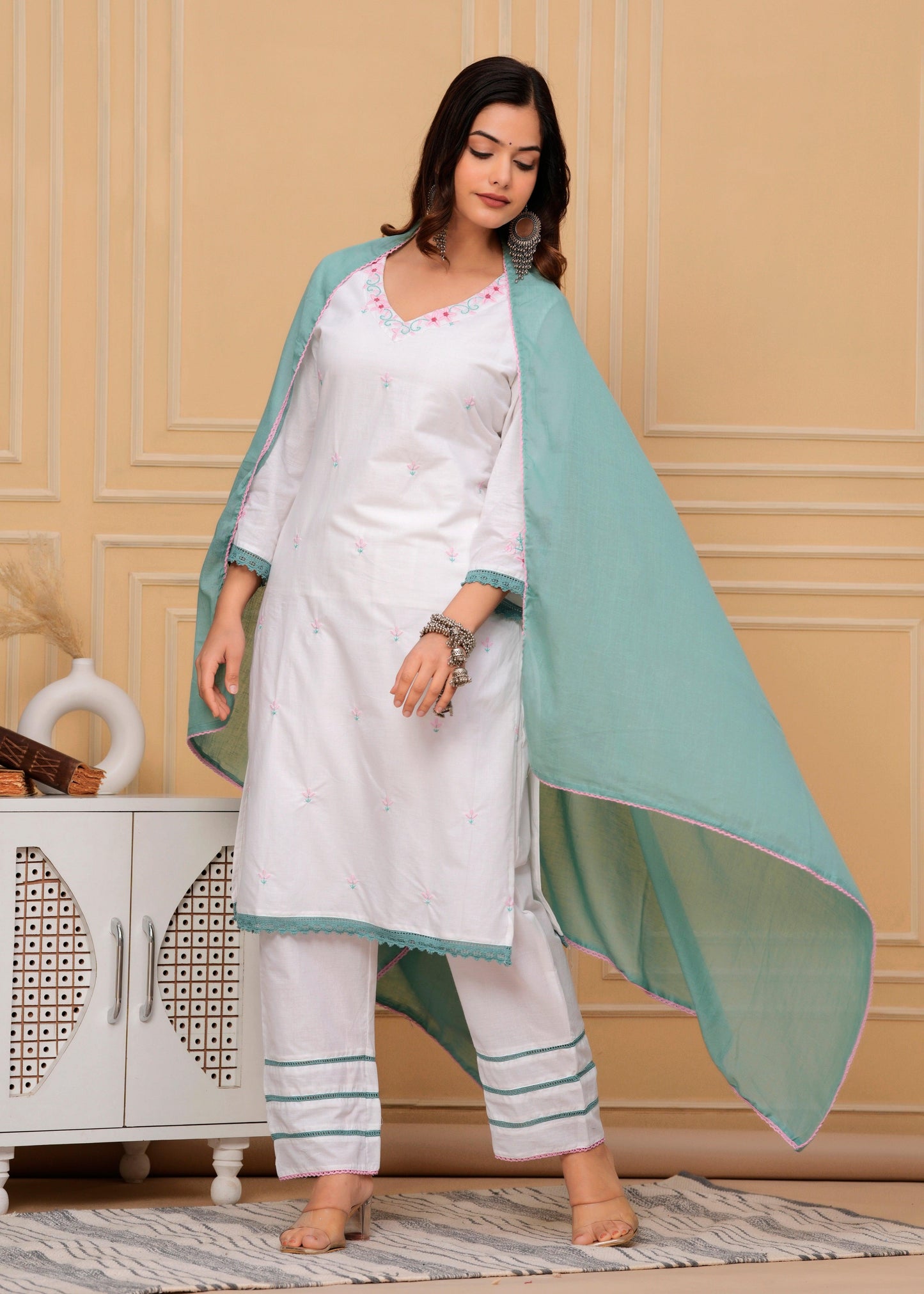 Embroidered White Cotton Kurta and Pant Set with Dupatta