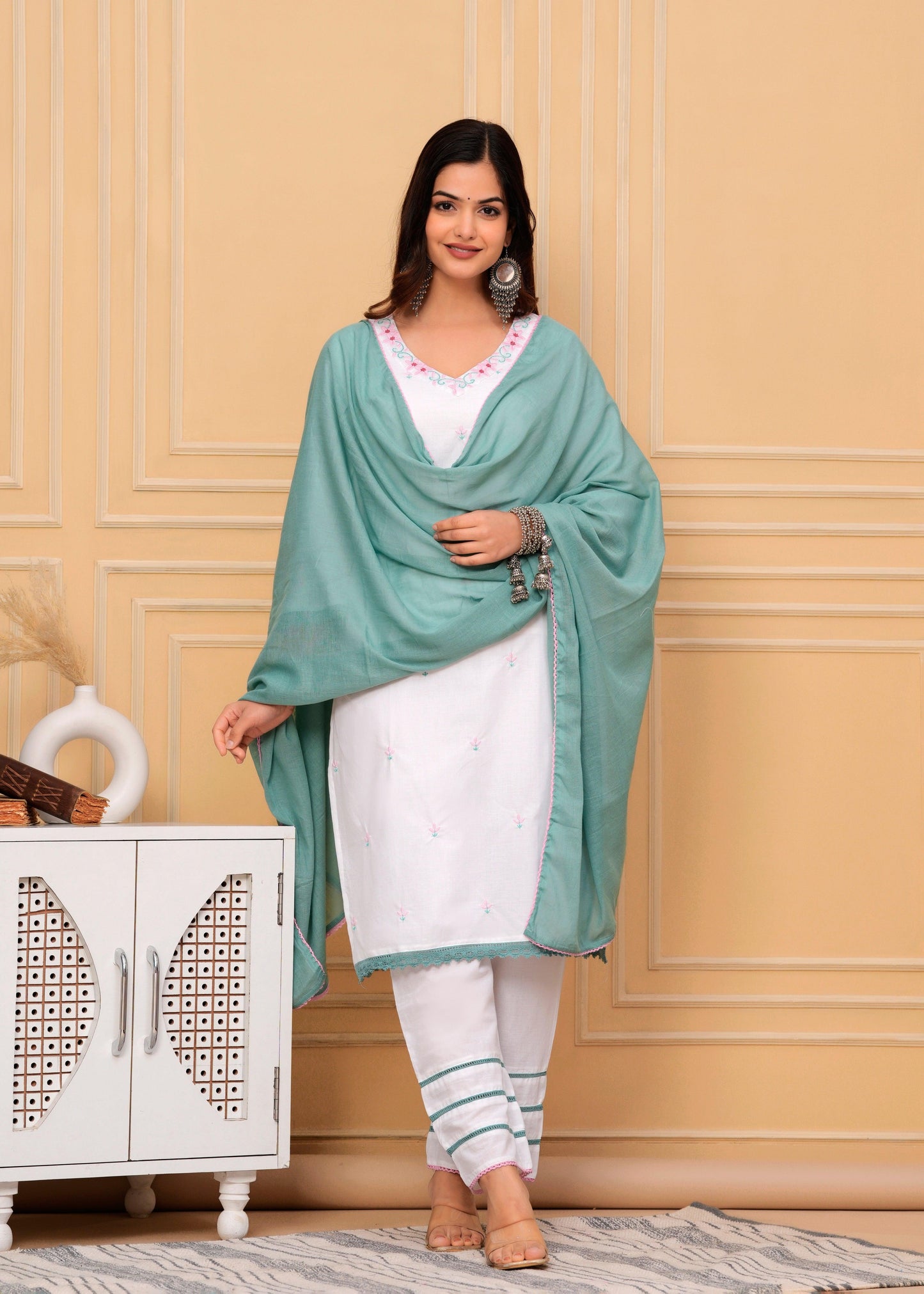 Embroidered White Cotton Kurta and Pant Set with Dupatta