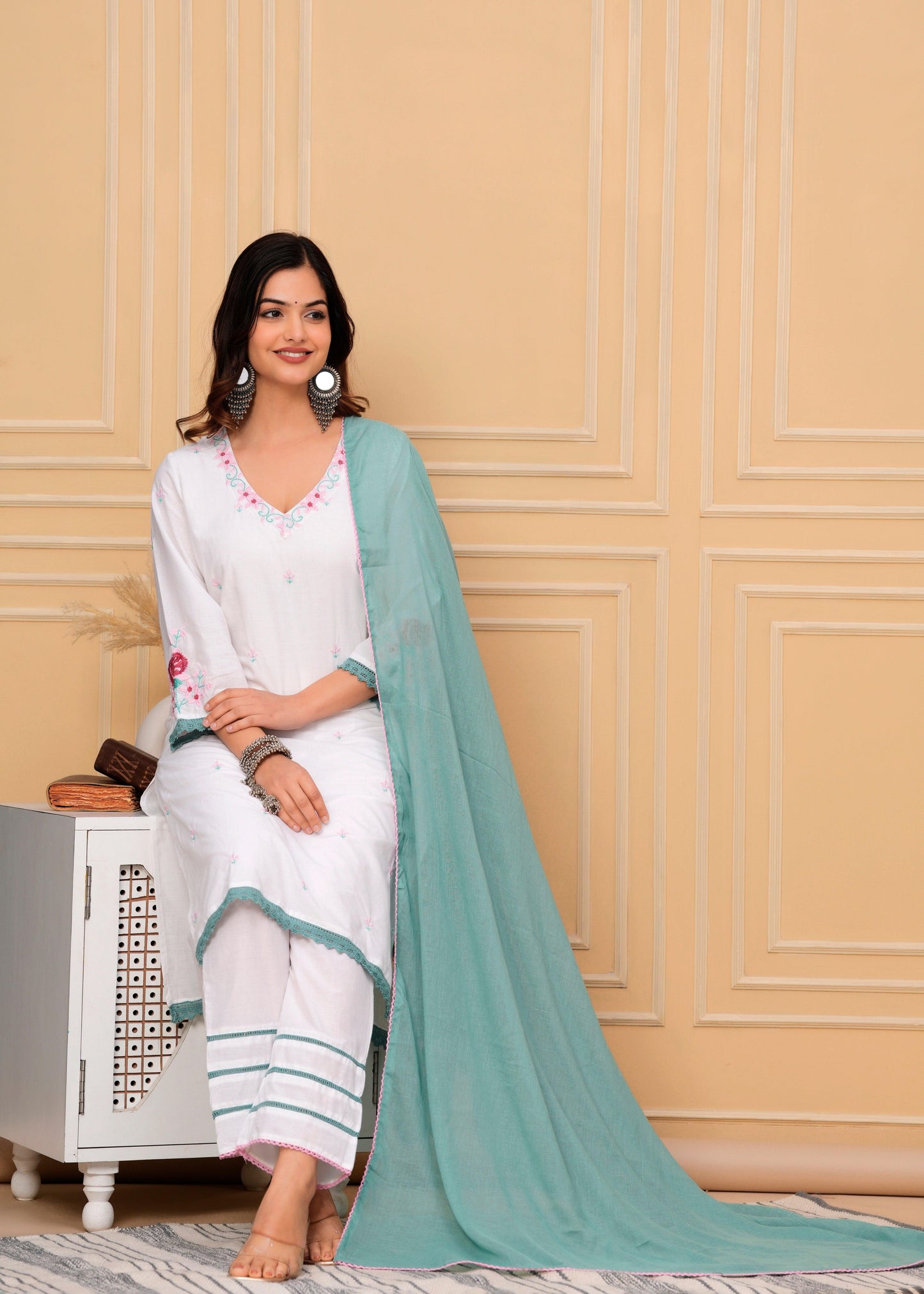 Embroidered White Cotton Kurta and Pant Set with Dupatta