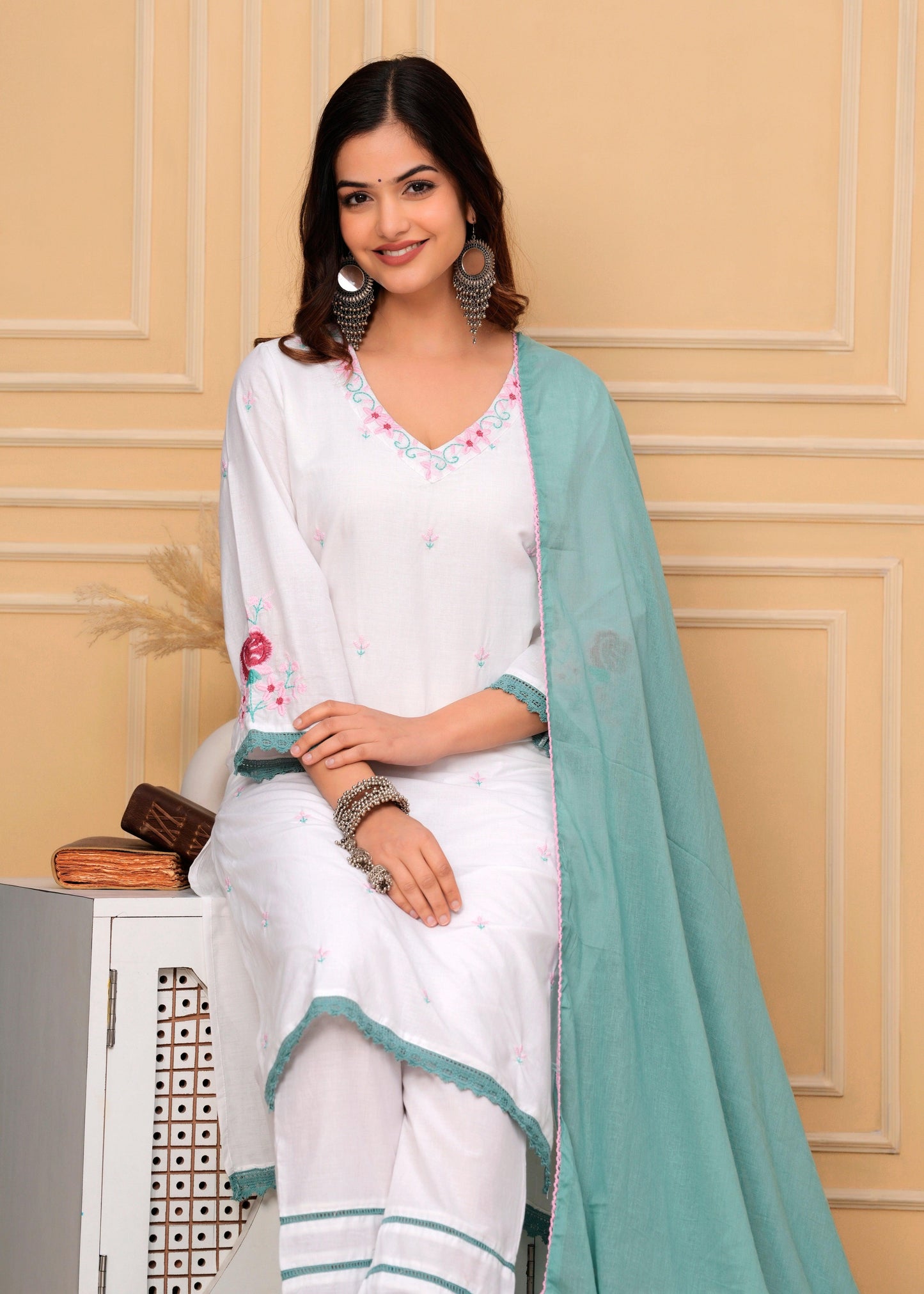 Embroidered White Cotton Kurta and Pant Set with Dupatta