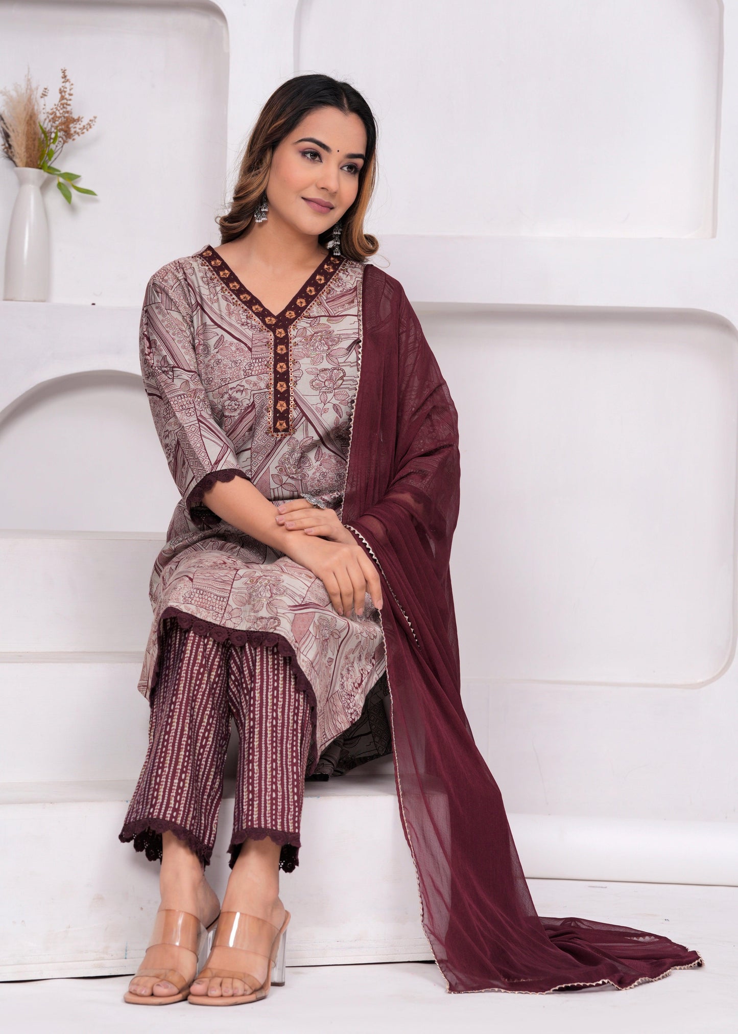 Quill Grey Embellished Muslin Suit Set with Georgette Dupatta