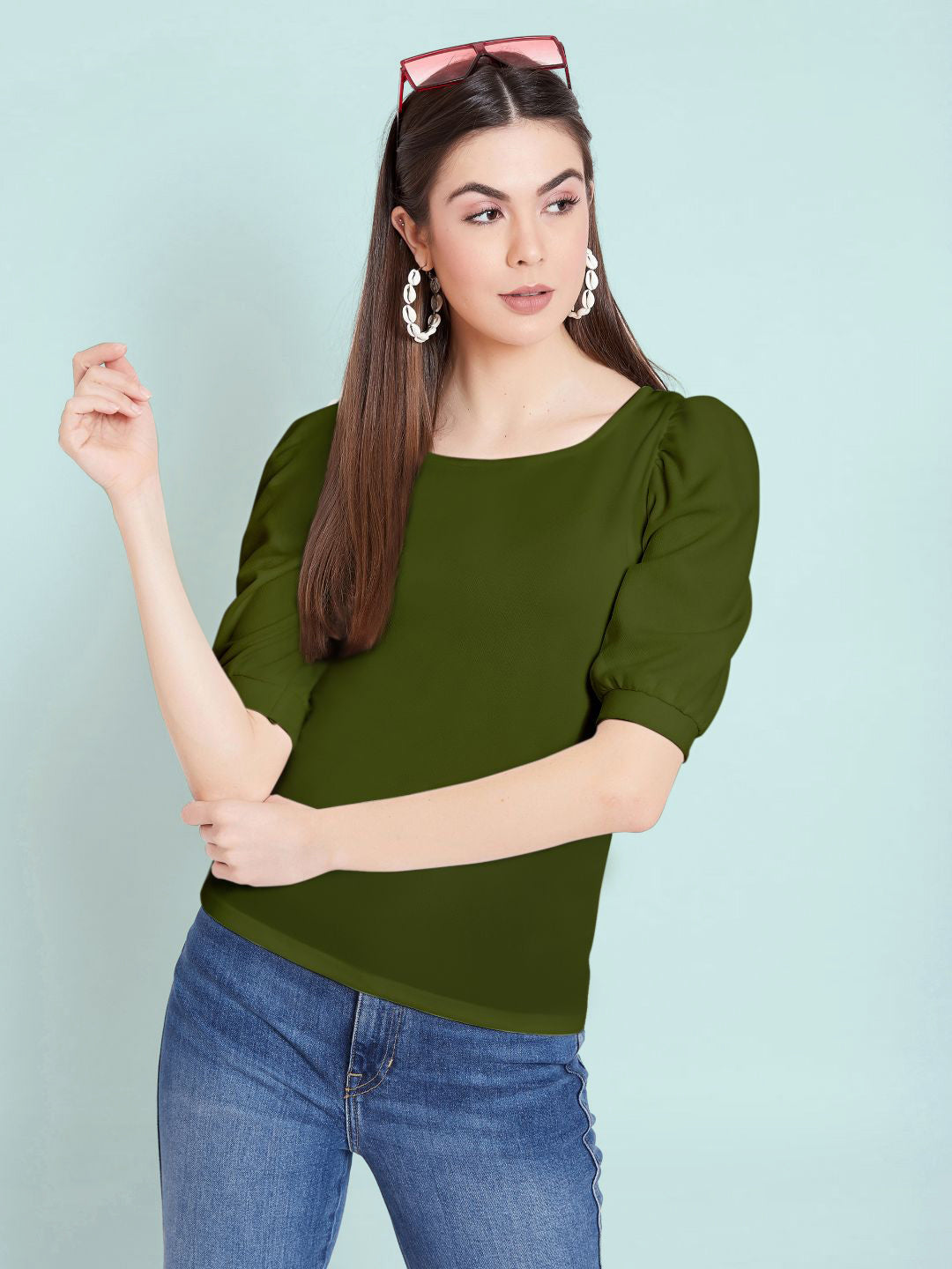 Cotton Solid Stretchable Round Neck Puff Sleeve Top