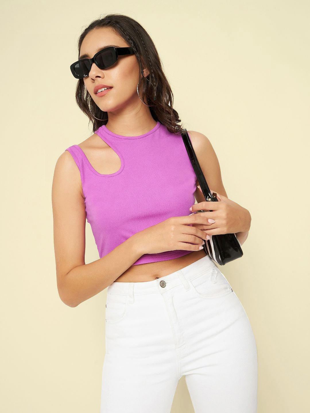 Cotton Stretchable Shoulder Cutout Crop Top