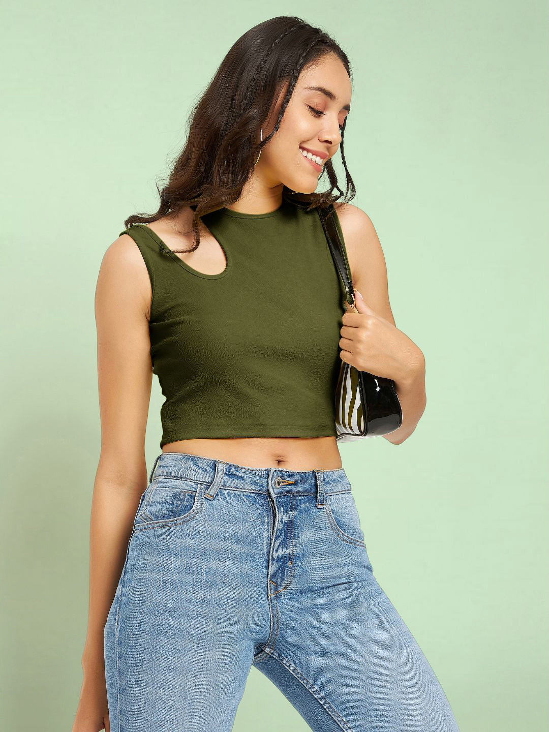 Cotton Stretchable Shoulder Cutout Crop Top