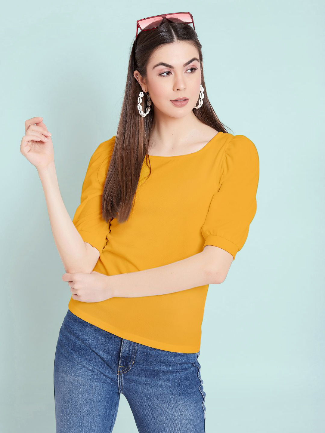 Cotton Solid Stretchable Round Neck Puff Sleeve Top