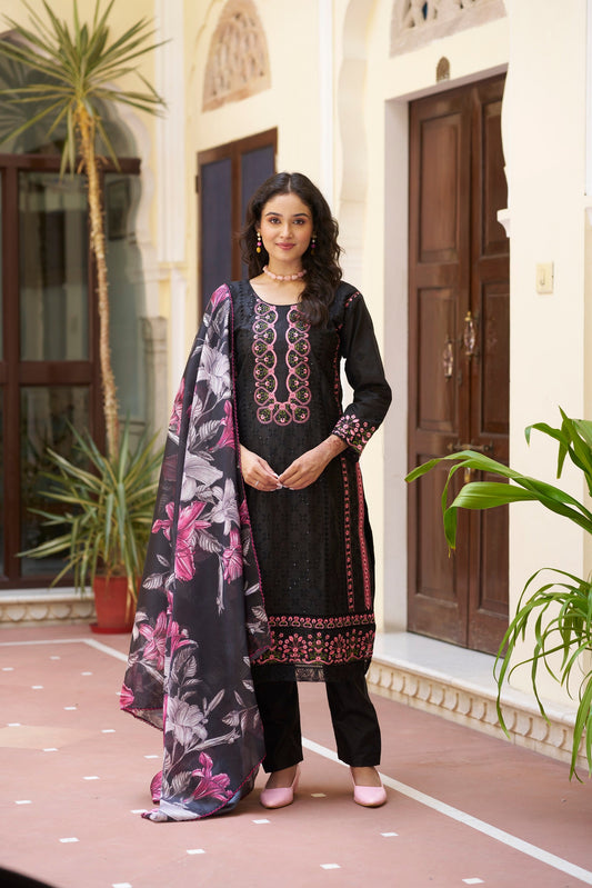 Black Embroidered Cotton Suit Set with Digital Printed Dupatta