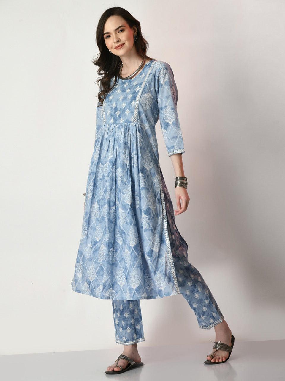 Grey Blue Printed Cotton Suit Set