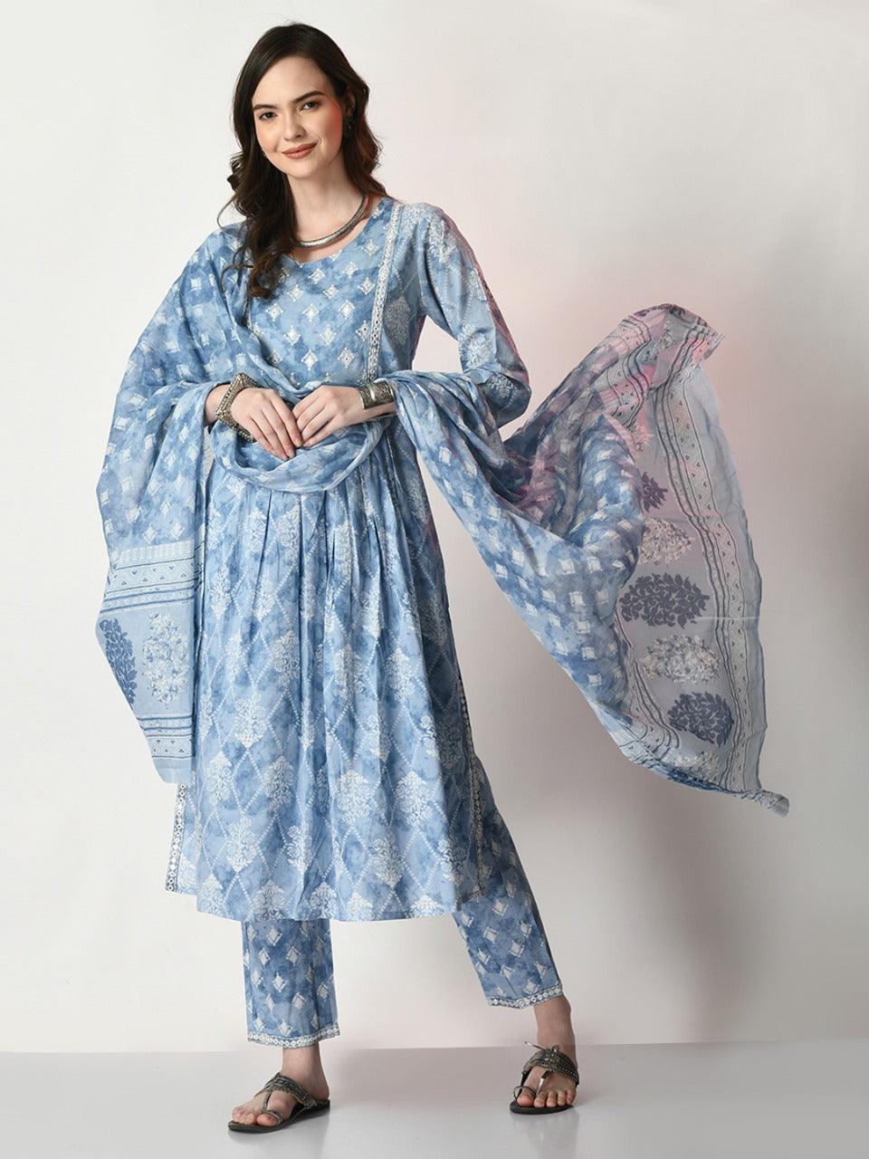 Grey Blue Printed Cotton Suit Set