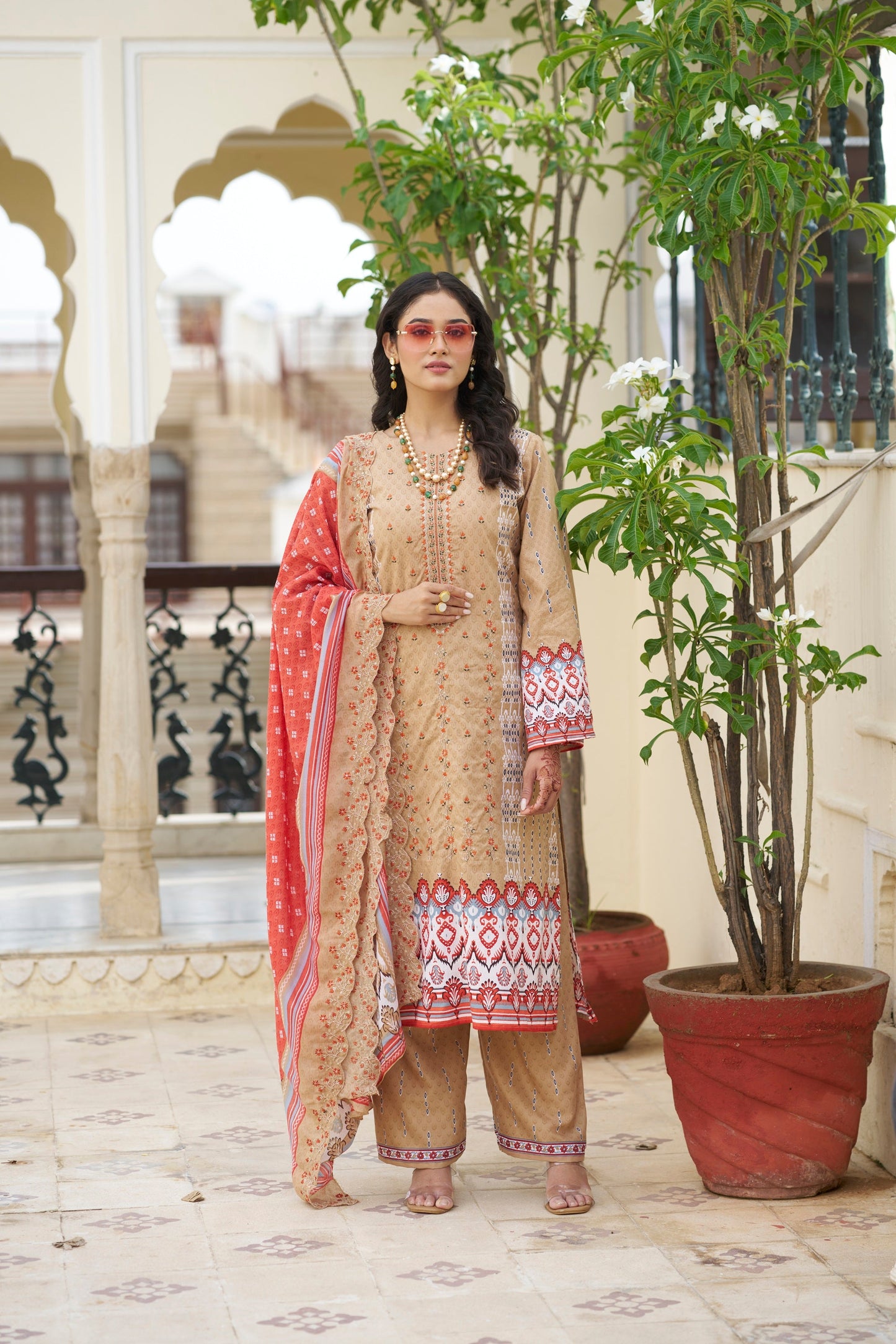 Coral Reef Embroidered Cotton Suit Set with Embroidered Cotton Dupatta