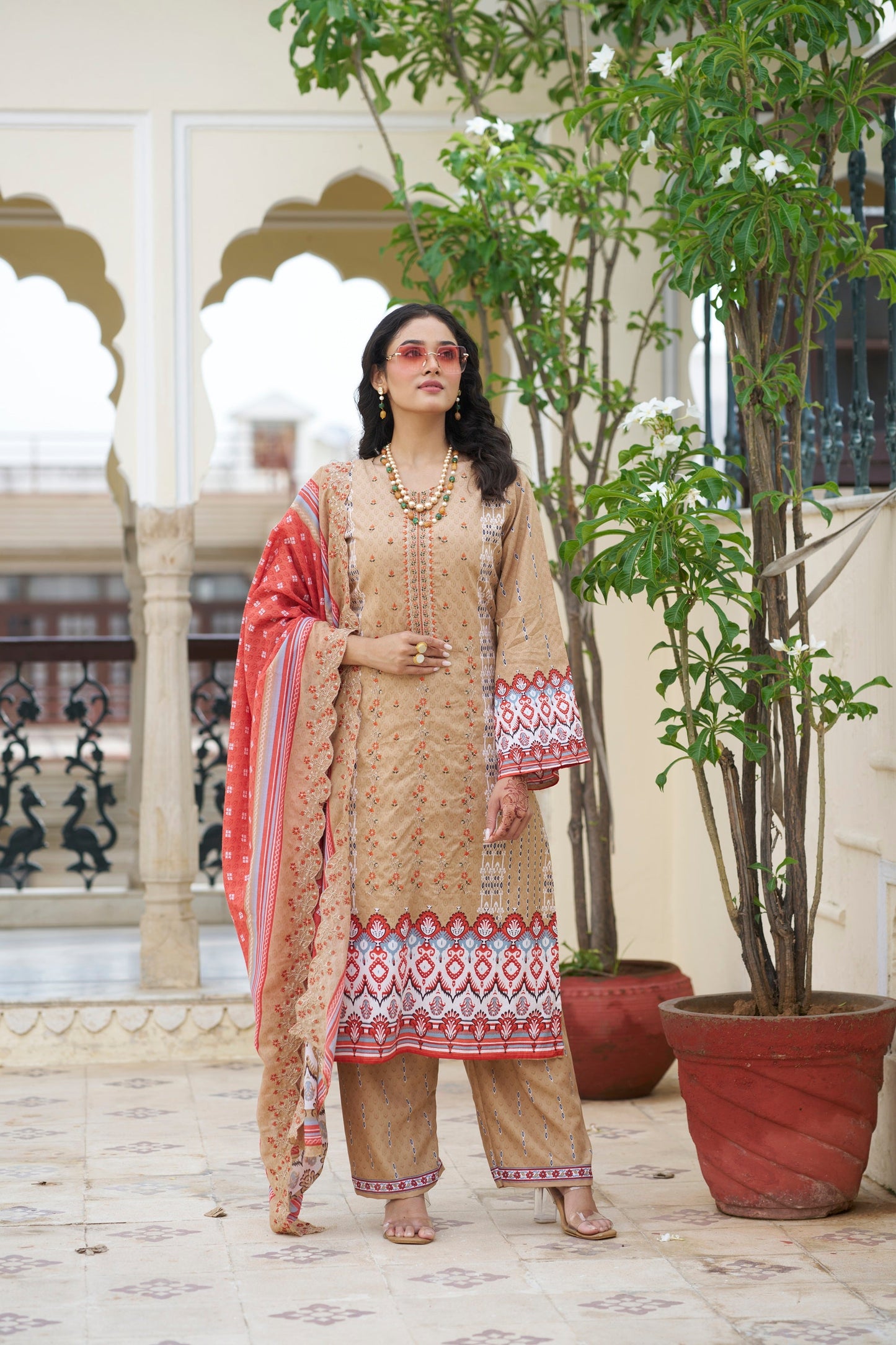 Coral Reef Embroidered Cotton Suit Set with Embroidered Cotton Dupatta