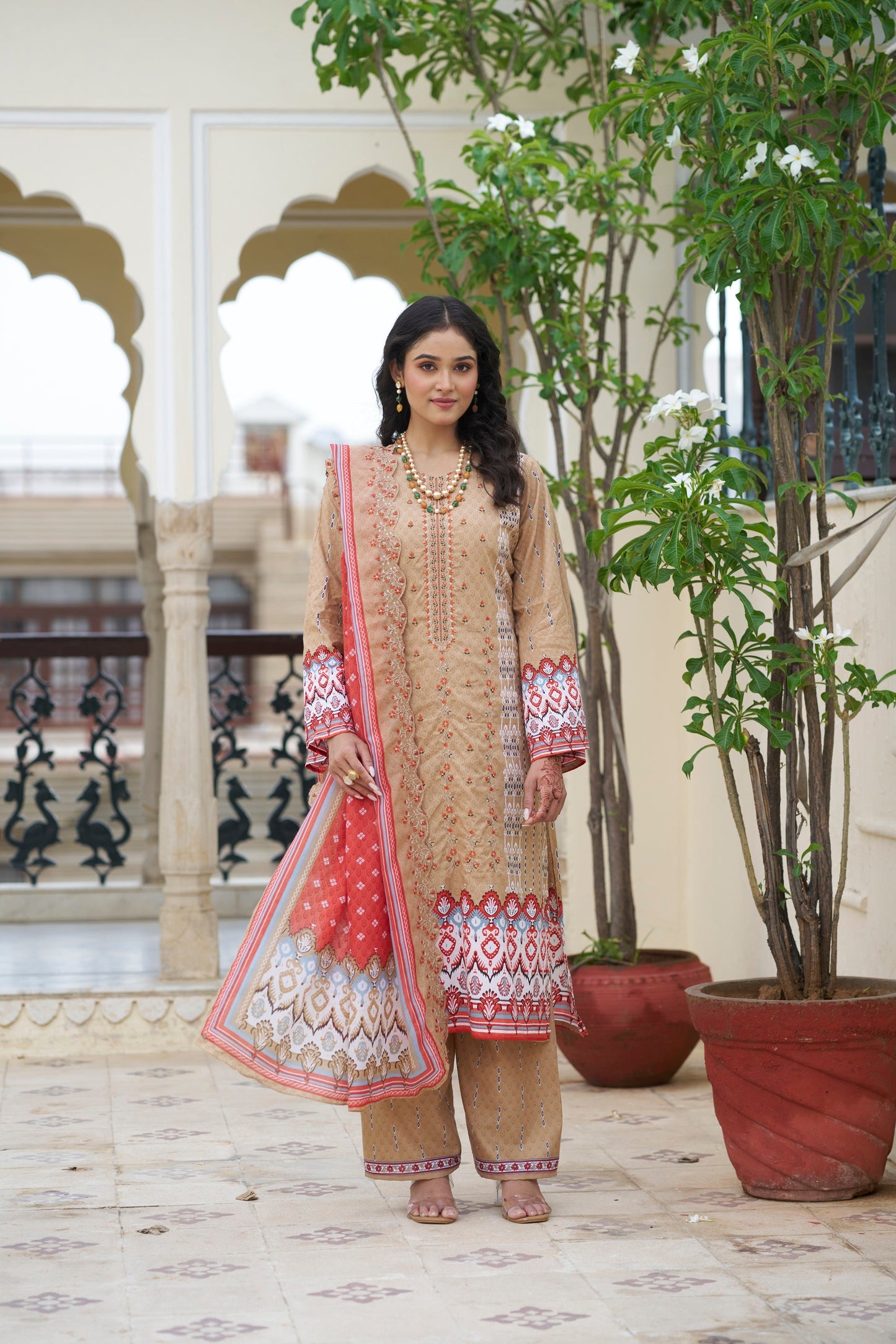 Coral Reef Embroidered Cotton Suit Set with Embroidered Cotton Dupatta