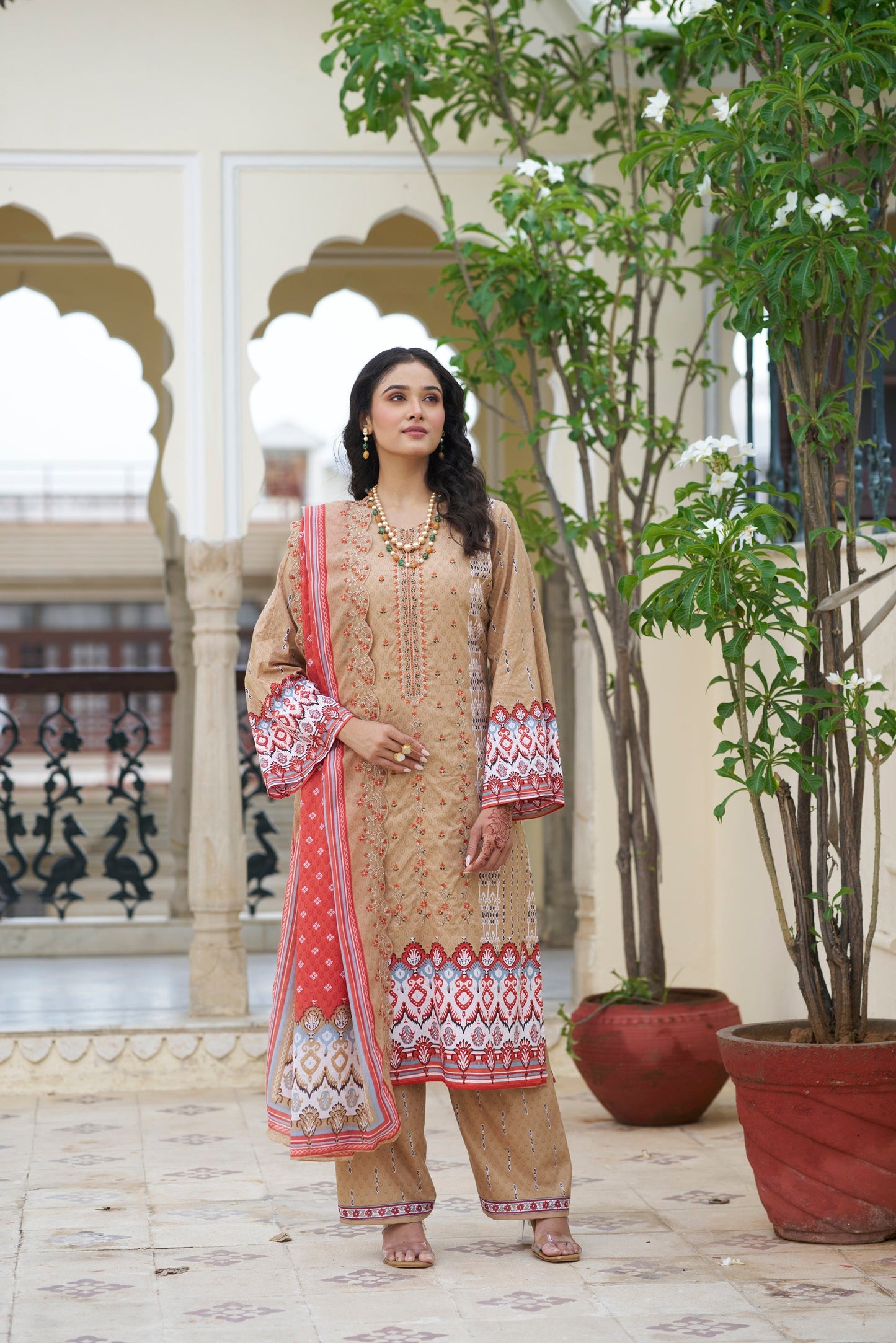 Coral Reef Embroidered Cotton Suit Set with Embroidered Cotton Dupatta