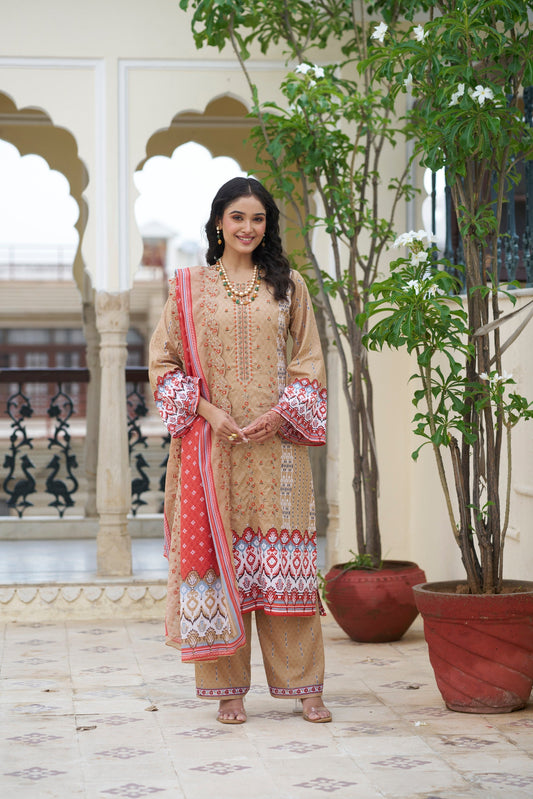 Coral Reef Embroidered Cotton Suit Set with Embroidered Cotton Dupatta