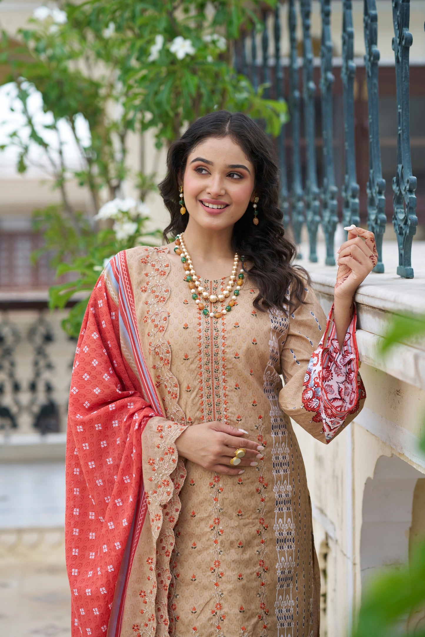 Coral Reef Embroidered Cotton Suit Set with Embroidered Cotton Dupatta