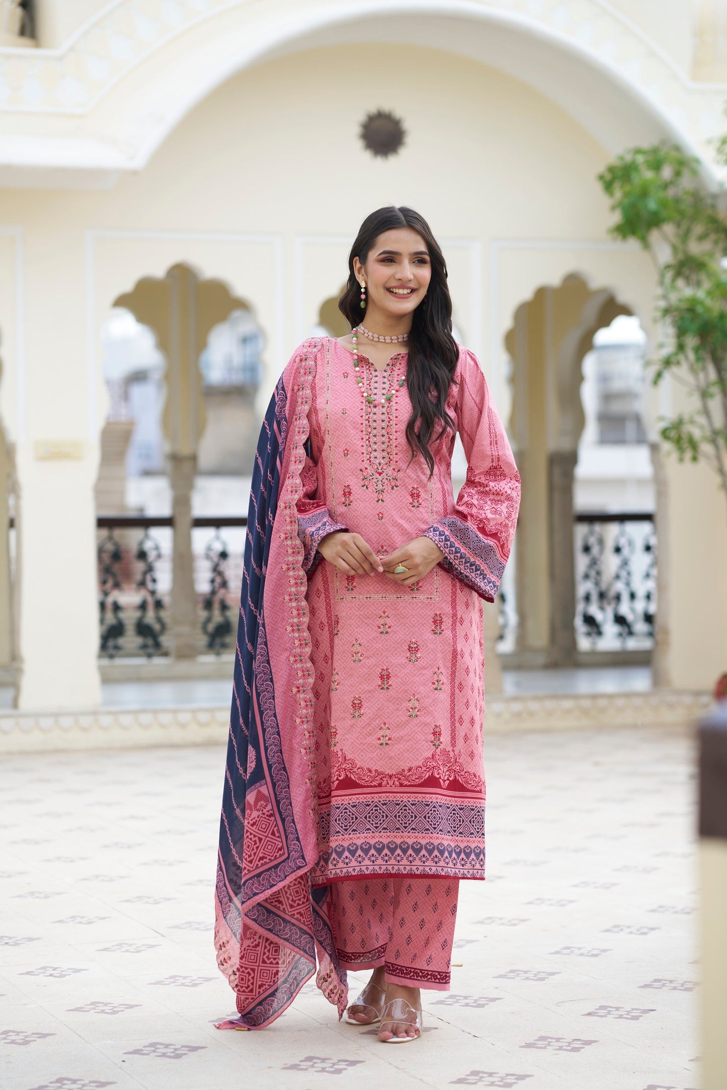 Old Pink Embroidered Cotton Suit Set with Embroidered Cotton Dupatta