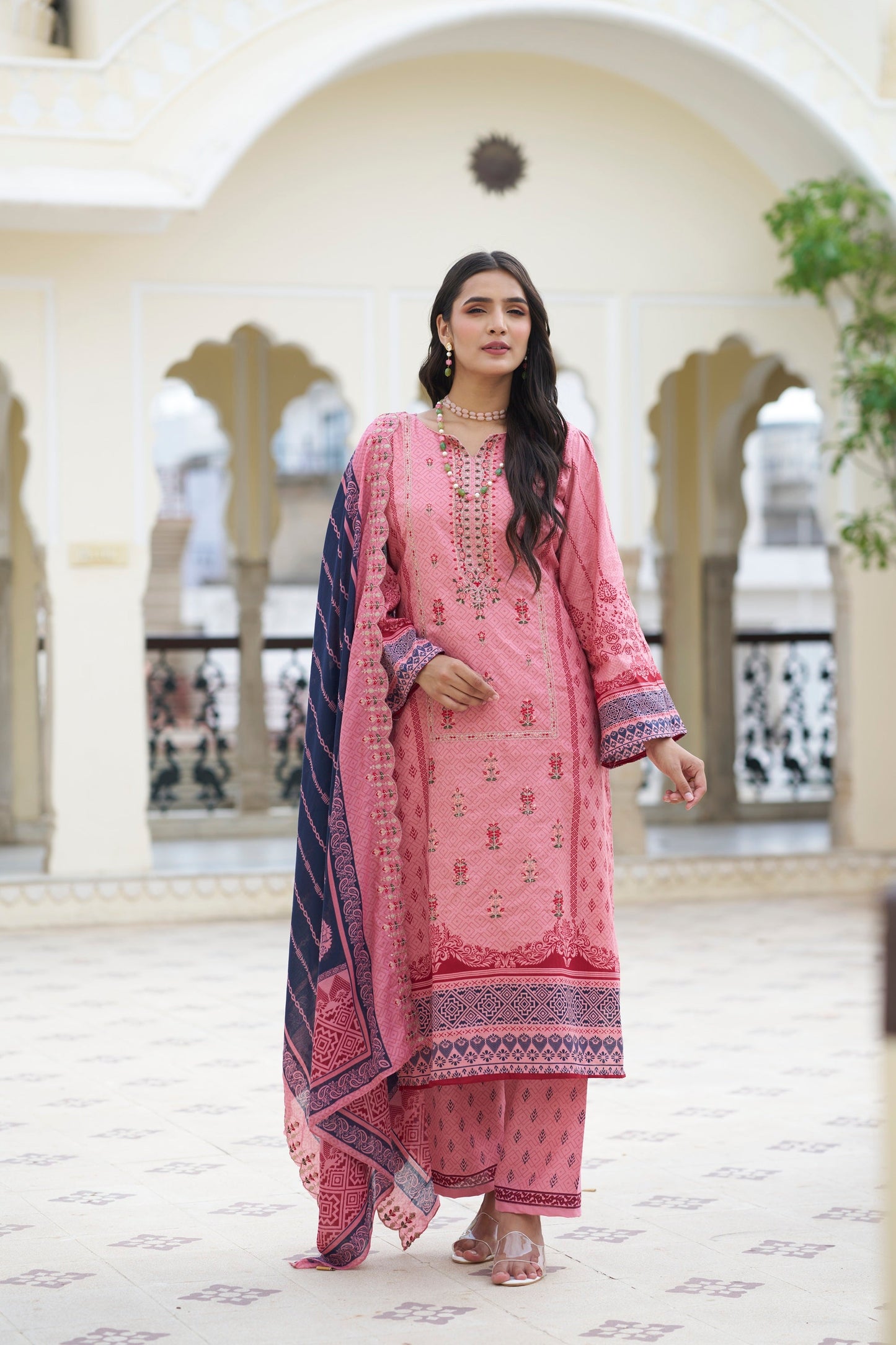 Old Pink Embroidered Cotton Suit Set with Embroidered Cotton Dupatta