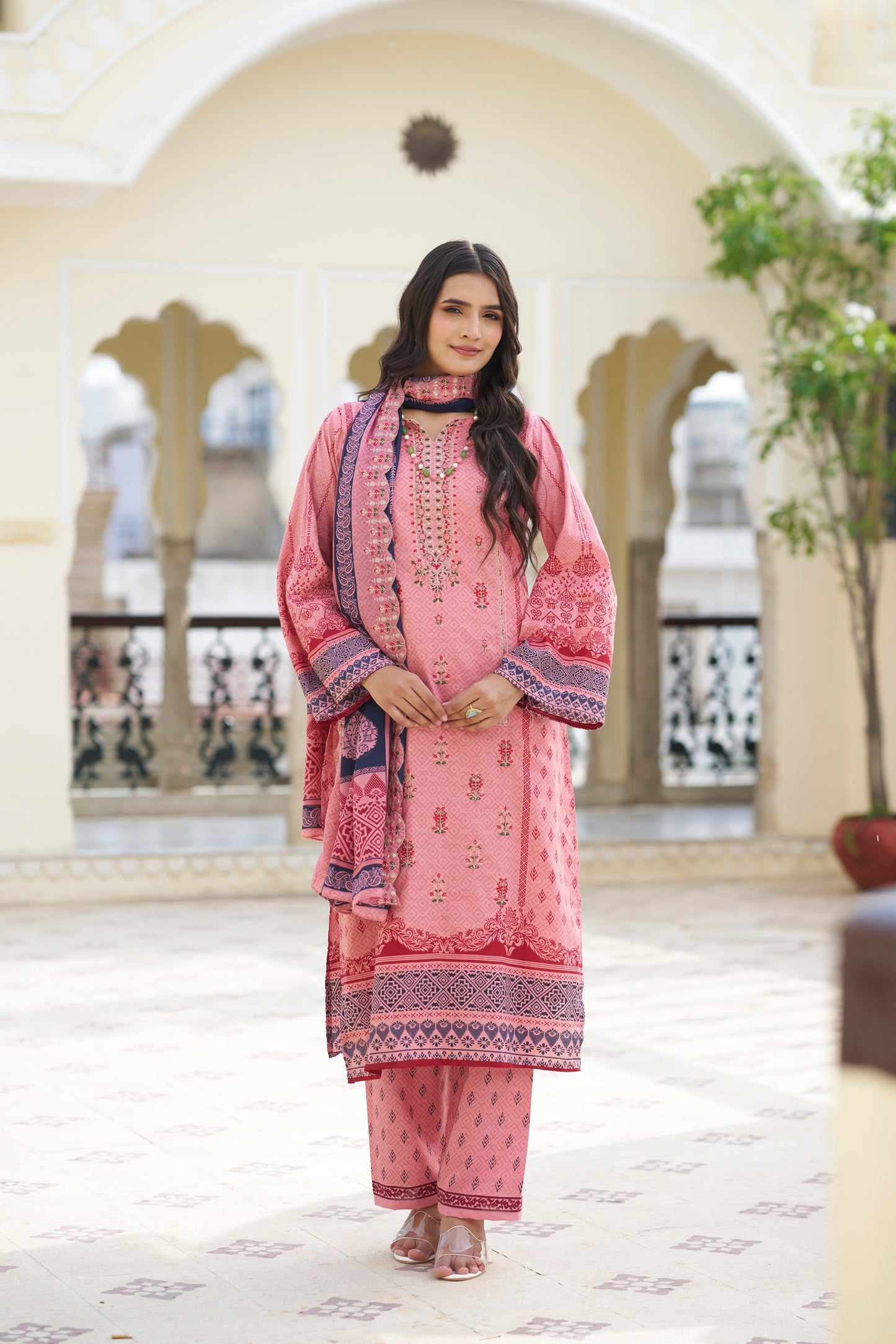 Old Pink Embroidered Cotton Suit Set with Embroidered Cotton Dupatta