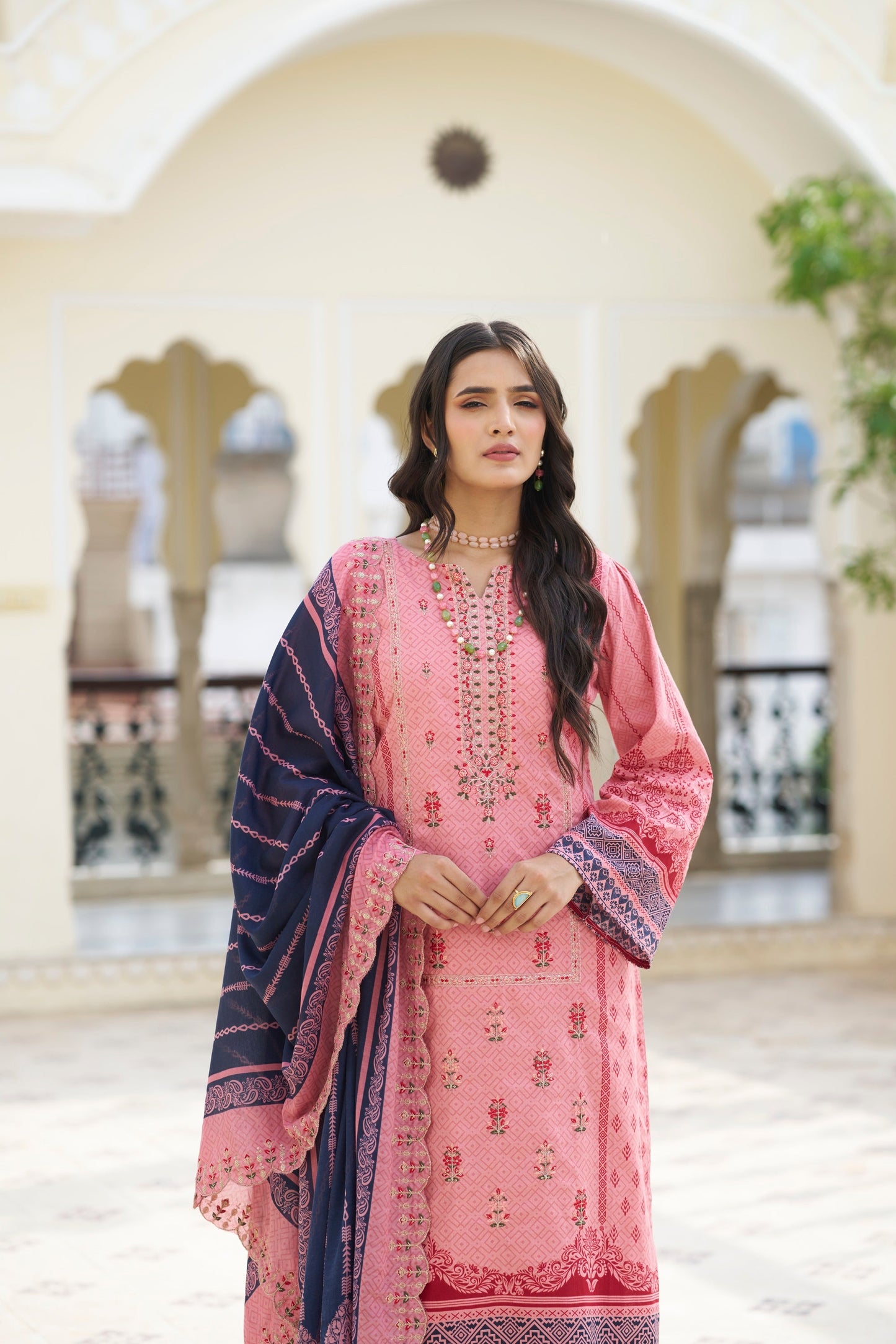 Old Pink Embroidered Cotton Suit Set with Embroidered Cotton Dupatta