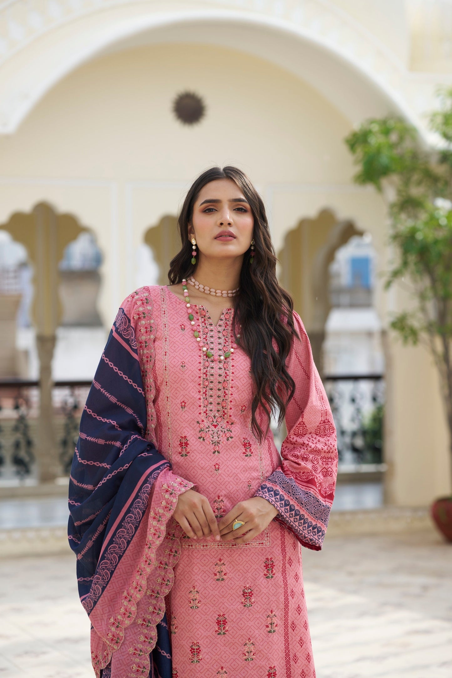 Old Pink Embroidered Cotton Suit Set with Embroidered Cotton Dupatta