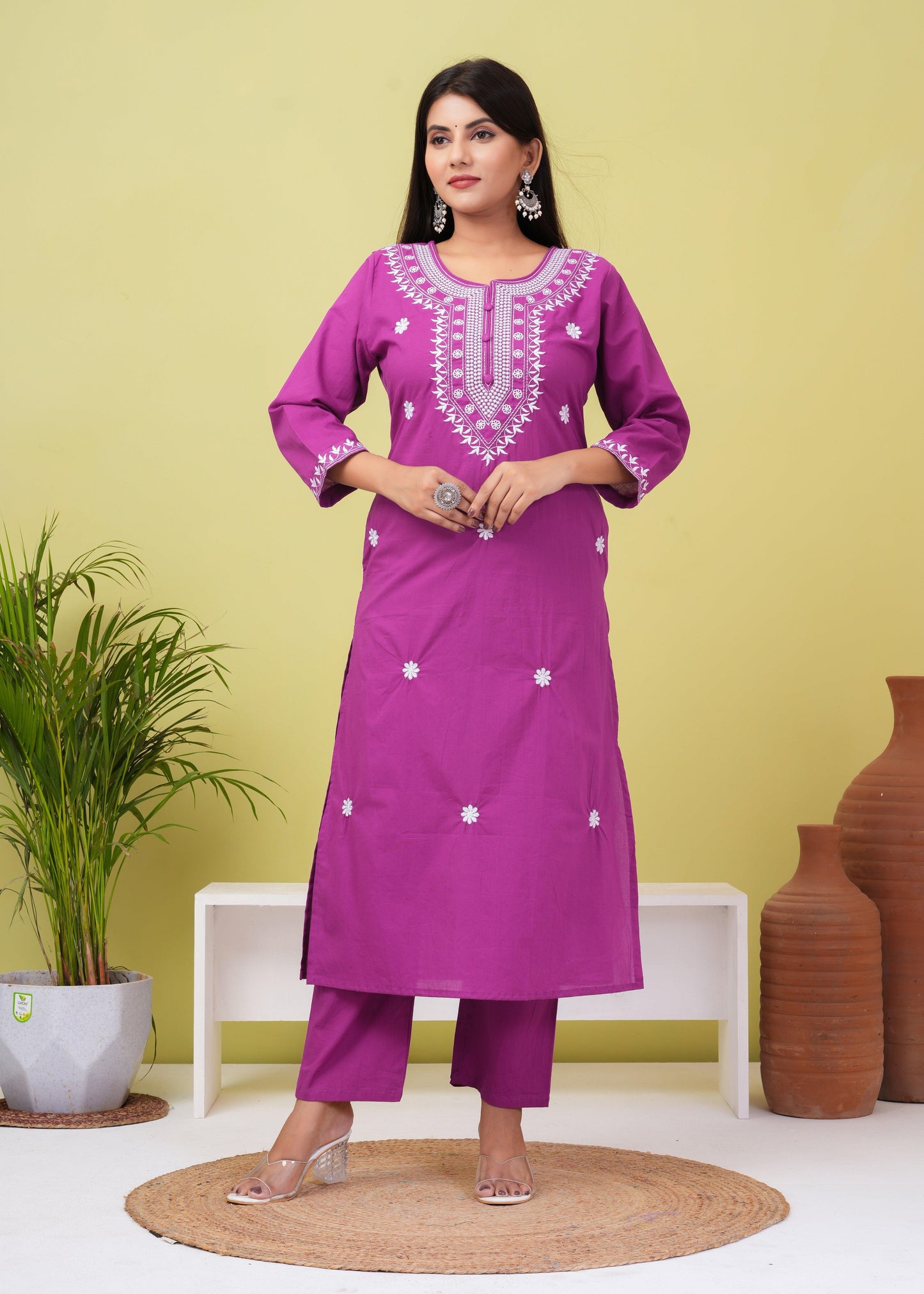 Royal Fuchsia Embroiered Cotton Kurta and Pant Set with Mulmul Dupatta