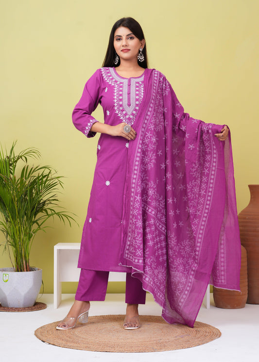 Royal Fuchsia Embroiered Cotton Kurta and Pant Set with Mulmul Dupatta