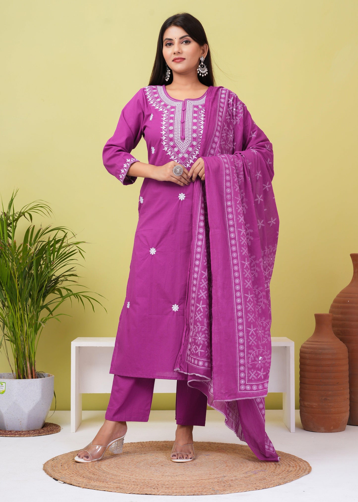 Royal Fuchsia Embroiered Cotton Kurta and Pant Set with Mulmul Dupatta