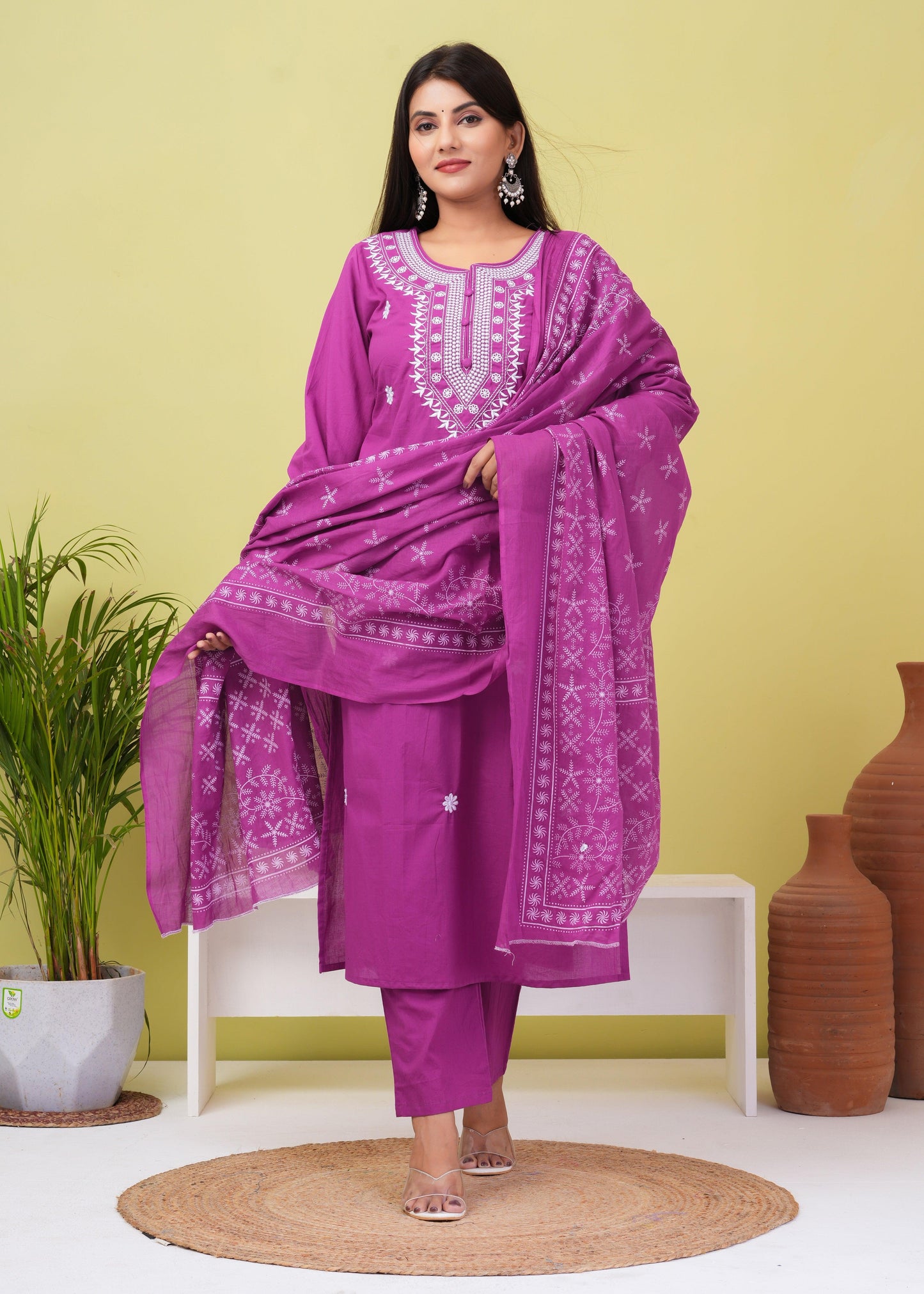 Royal Fuchsia Embroiered Cotton Kurta and Pant Set with Mulmul Dupatta