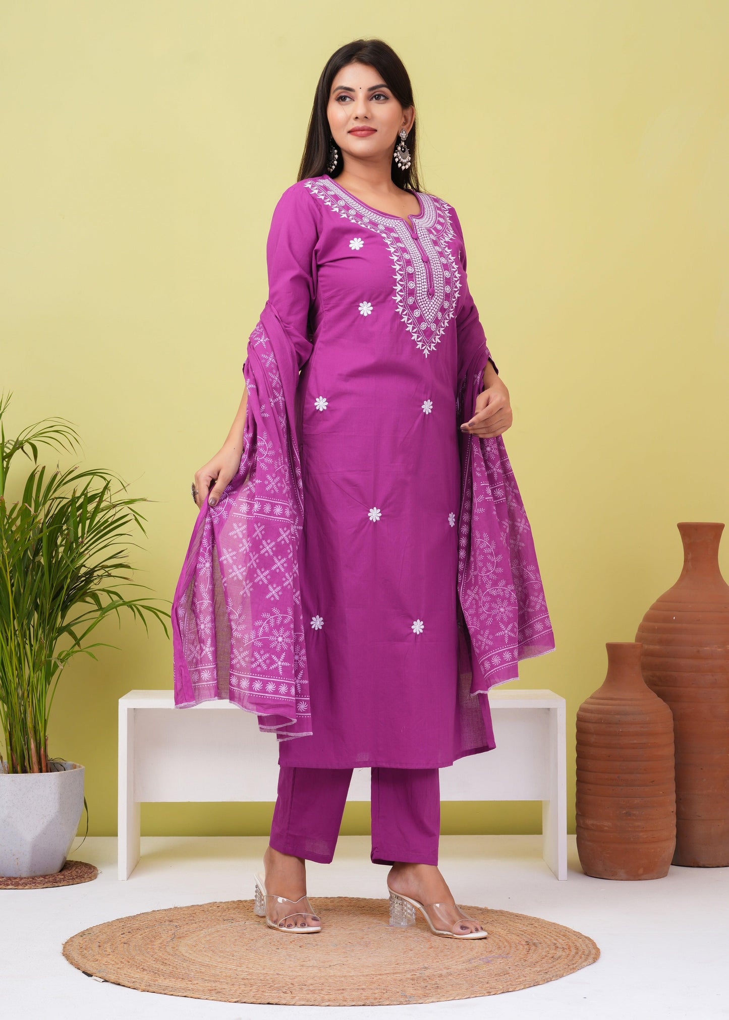 Royal Fuchsia Embroiered Cotton Kurta and Pant Set with Mulmul Dupatta