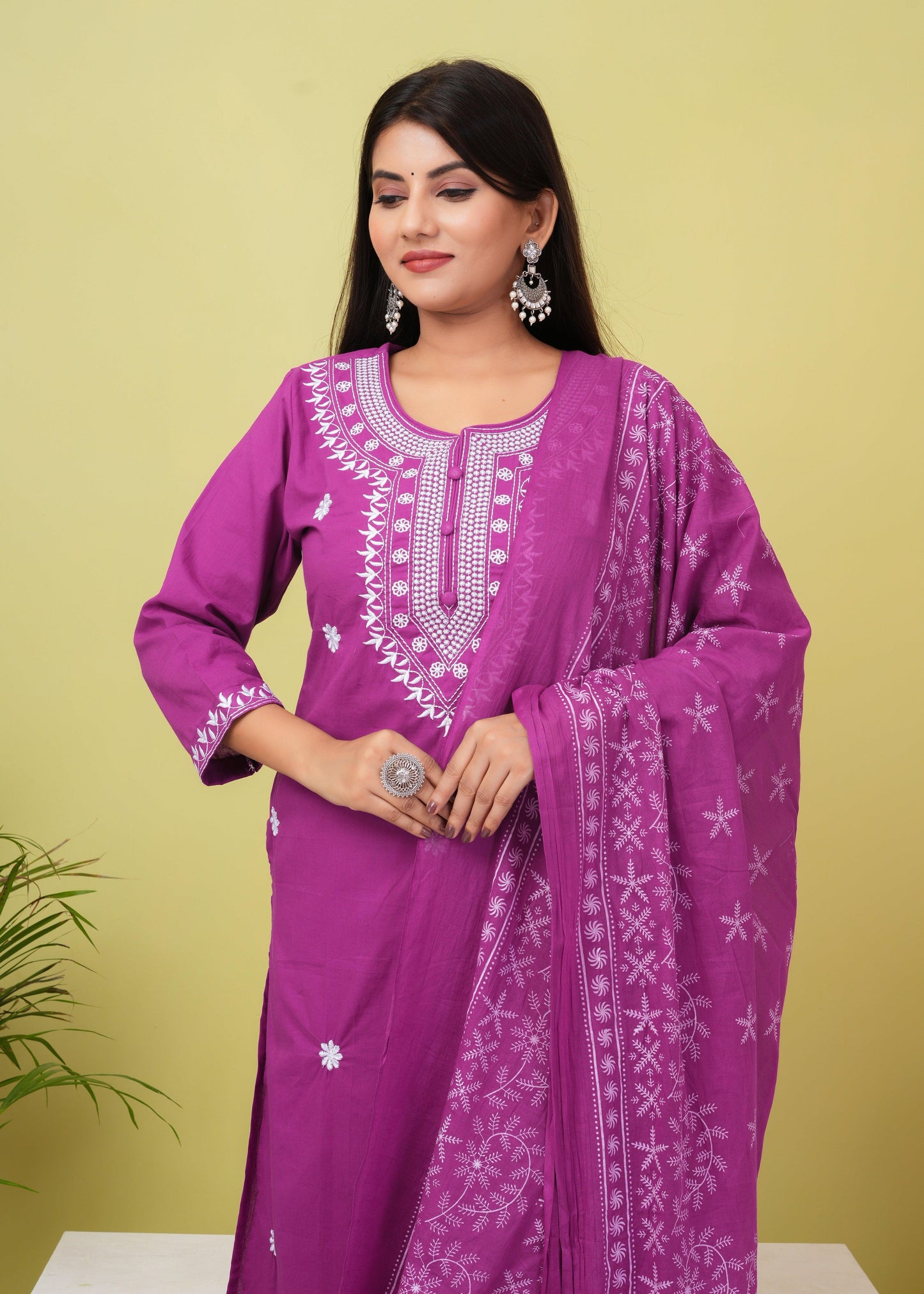 Royal Fuchsia Embroiered Cotton Kurta and Pant Set with Mulmul Dupatta