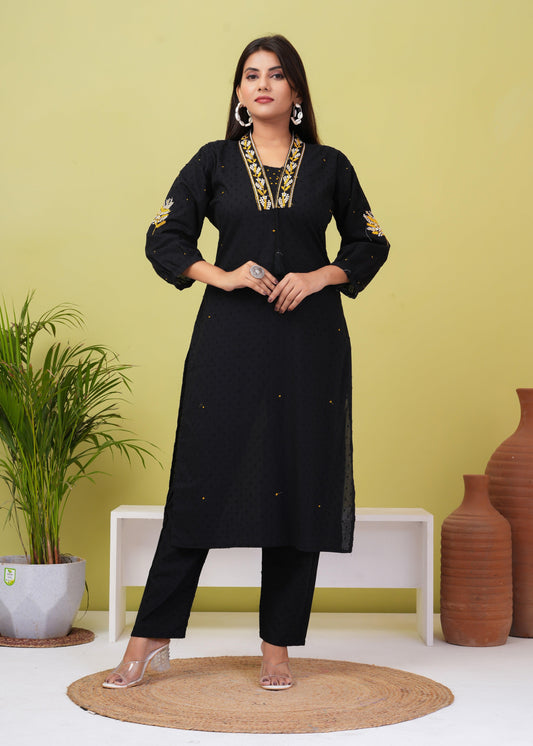 Black Embroidered Boota Cotton Kurta and Pant Set