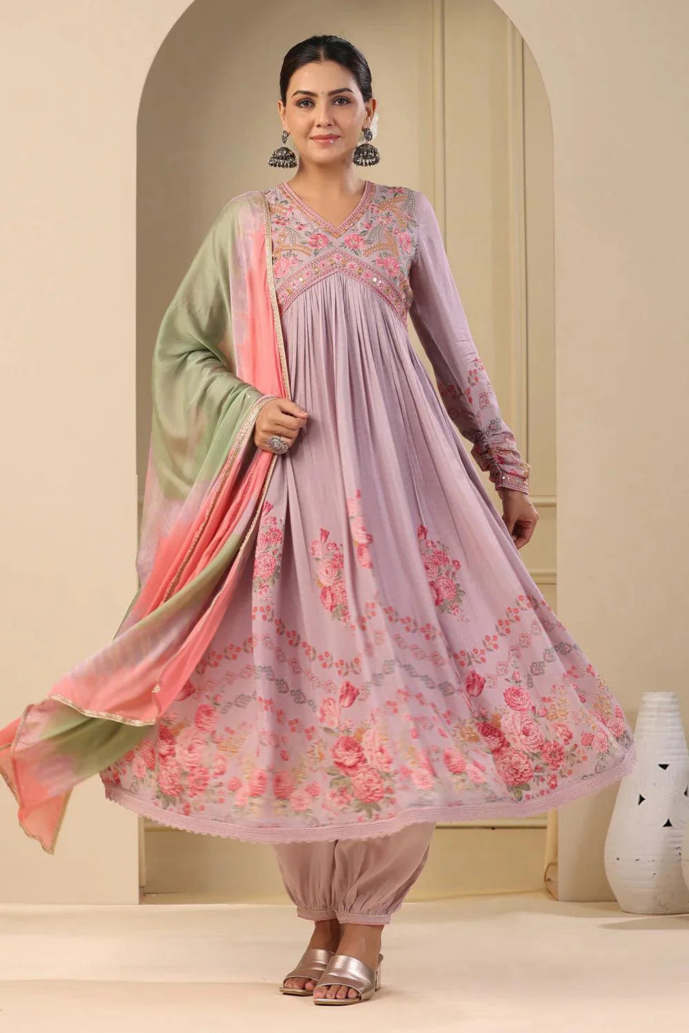 Blossom Embroidered Muslin Floral Printed Anarkali Suit Set with Dupatta