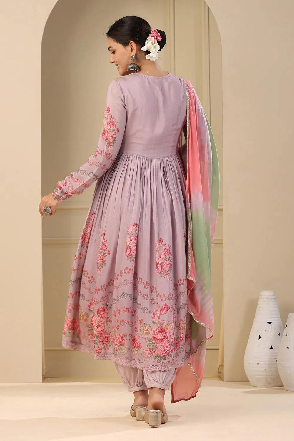 Blossom Embroidered Muslin Floral Printed Anarkali Suit Set with Dupatta