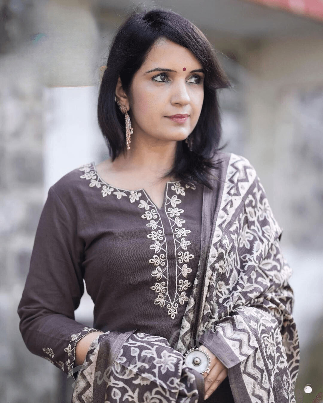 Dark Grey Embroidered Cotton Suit Set