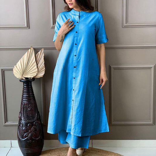 Sky Blue Katha Cotton Kurta and Palazzo Set