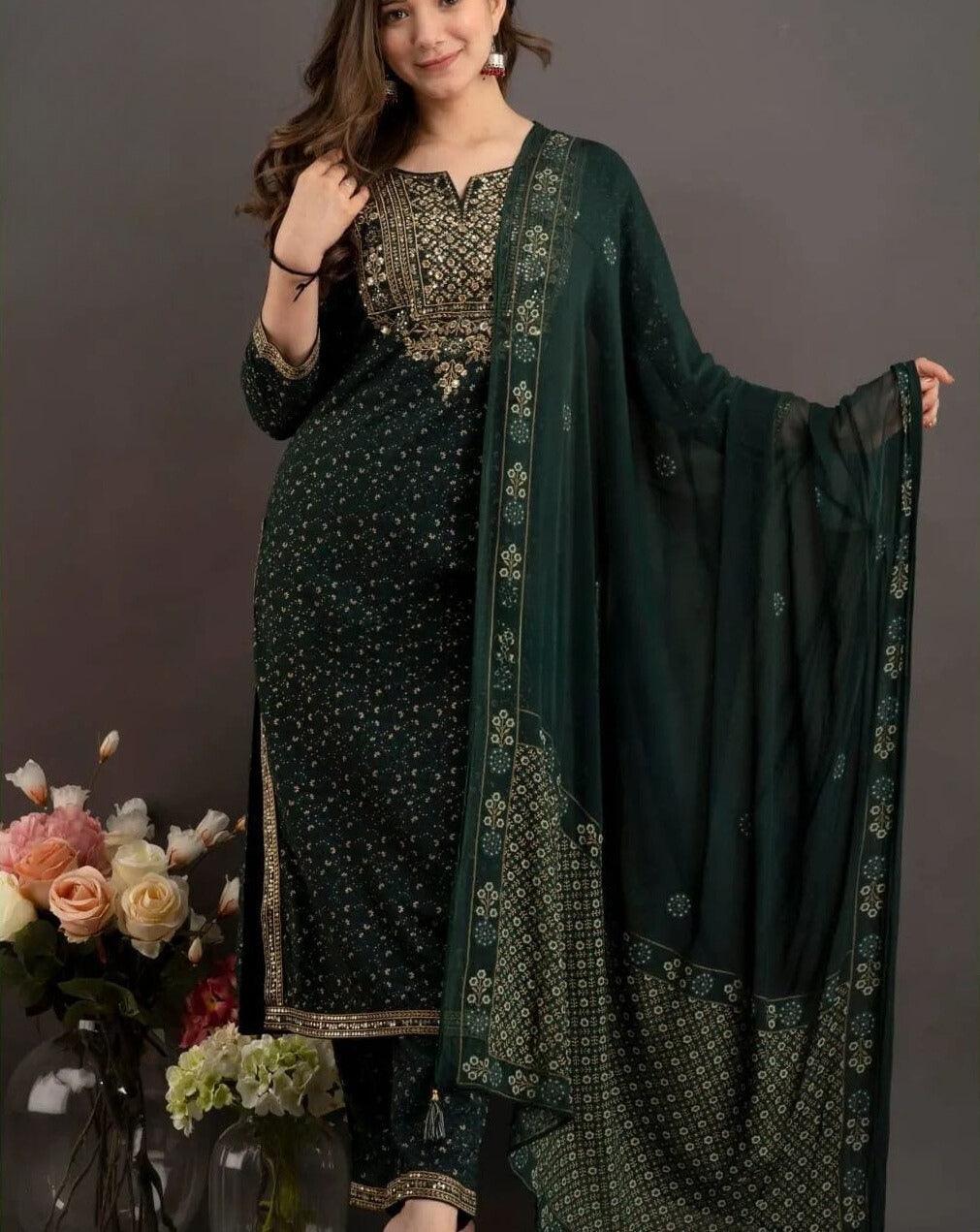 Sequence Embroidered Dark Green Kurta and Pant Set with Dupatta