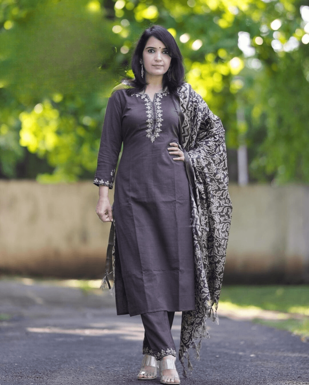 Dark Grey Embroidered Cotton Suit Set