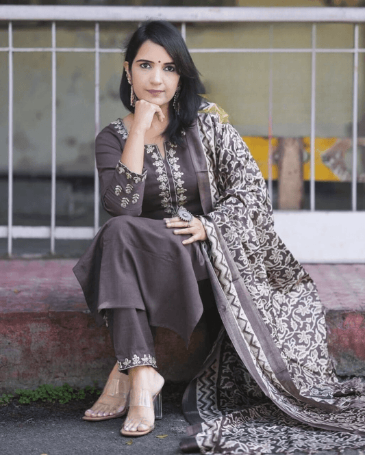 Dark Grey Embroidered Cotton Suit Set