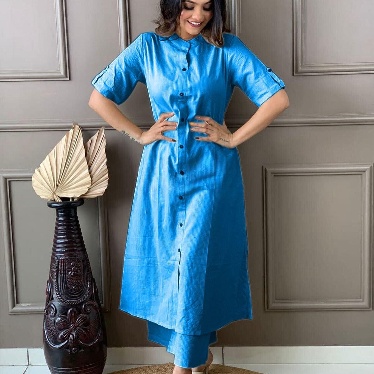 Sky Blue Katha Cotton Kurta and Palazzo Set