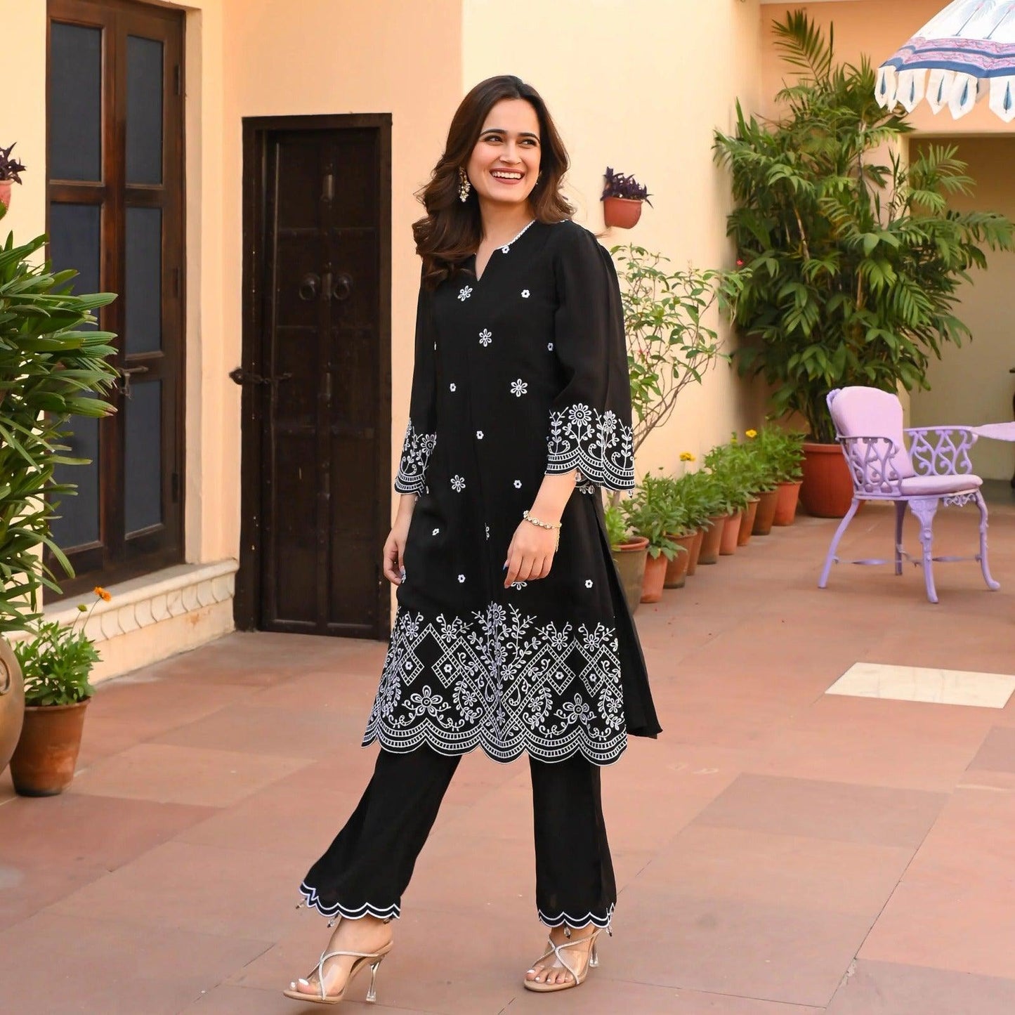 Stylish Embroidered Kurta and Palazzo Set (Black)