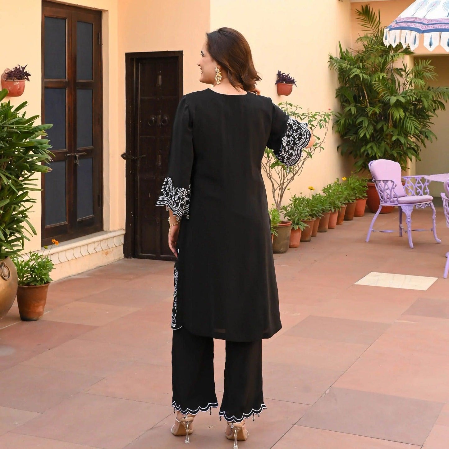 Stylish Embroidered Kurta and Palazzo Set (Black)