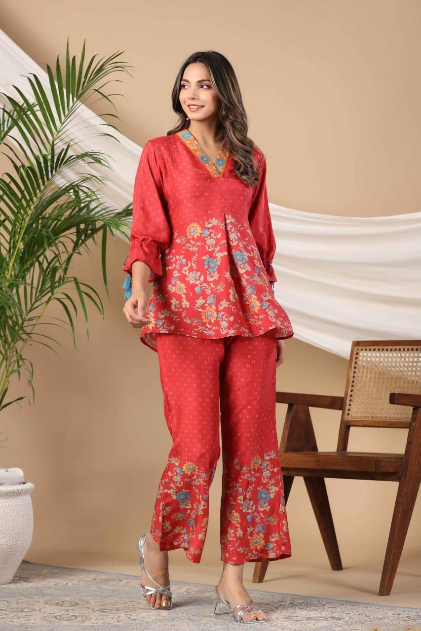 Floral Printed Poly Muslin Red Co-Ord Set