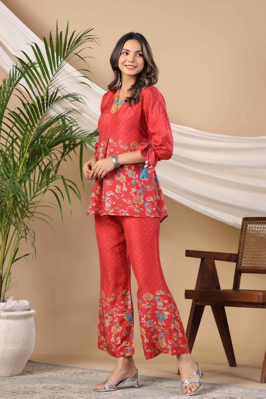 Floral Printed Poly Muslin Red Co-Ord Set