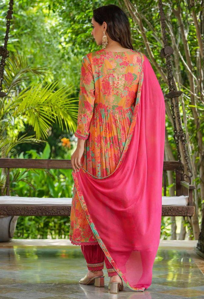 Floral Printed Embellished Muslin Suit Set with Georgette Dupatta