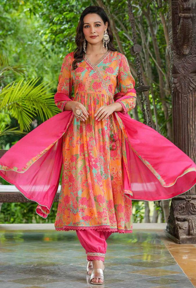 Floral Printed Embellished Muslin Suit Set with Georgette Dupatta