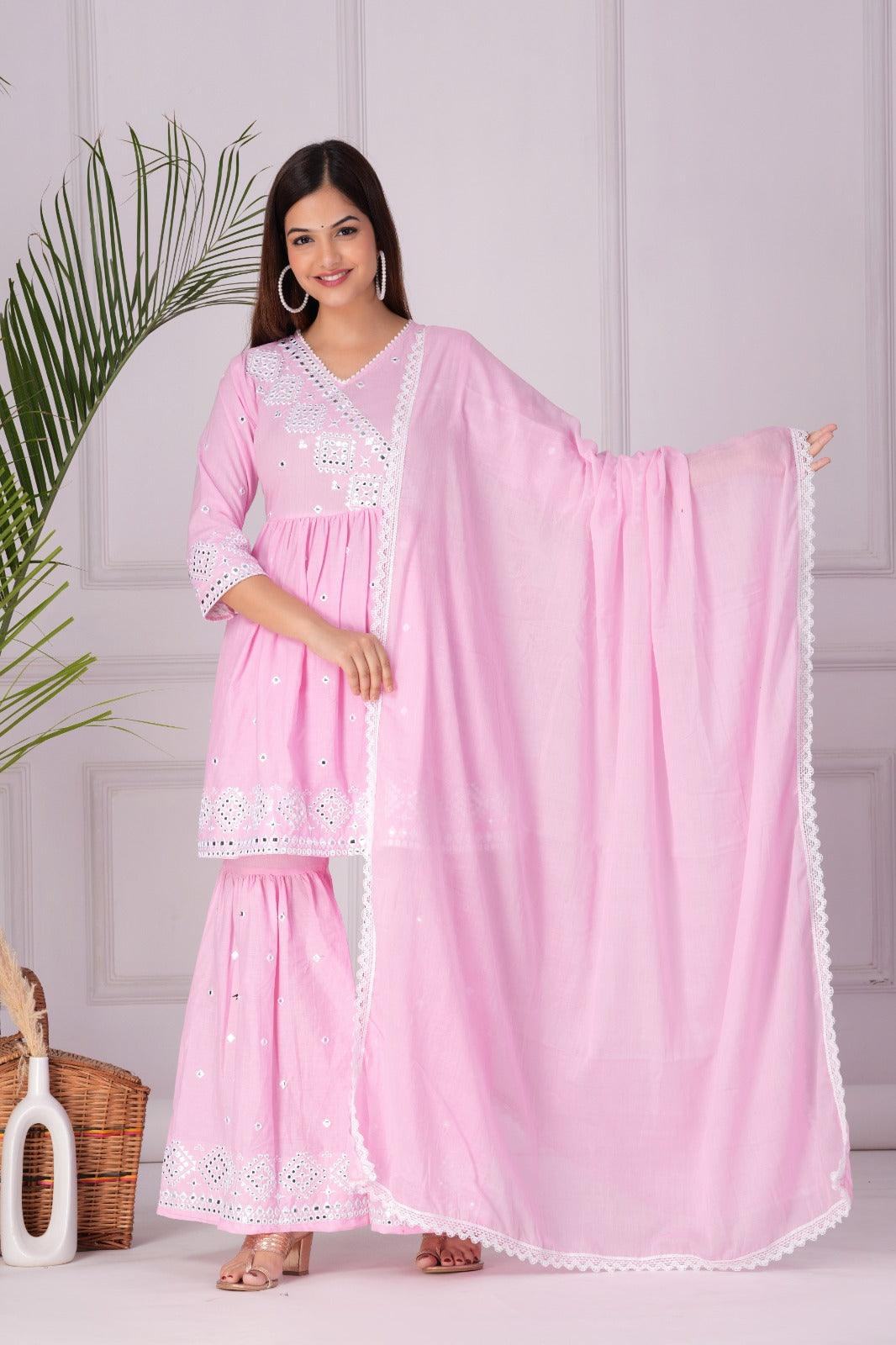 Pink Embroidered Kurta Sharara Set with Dupatta